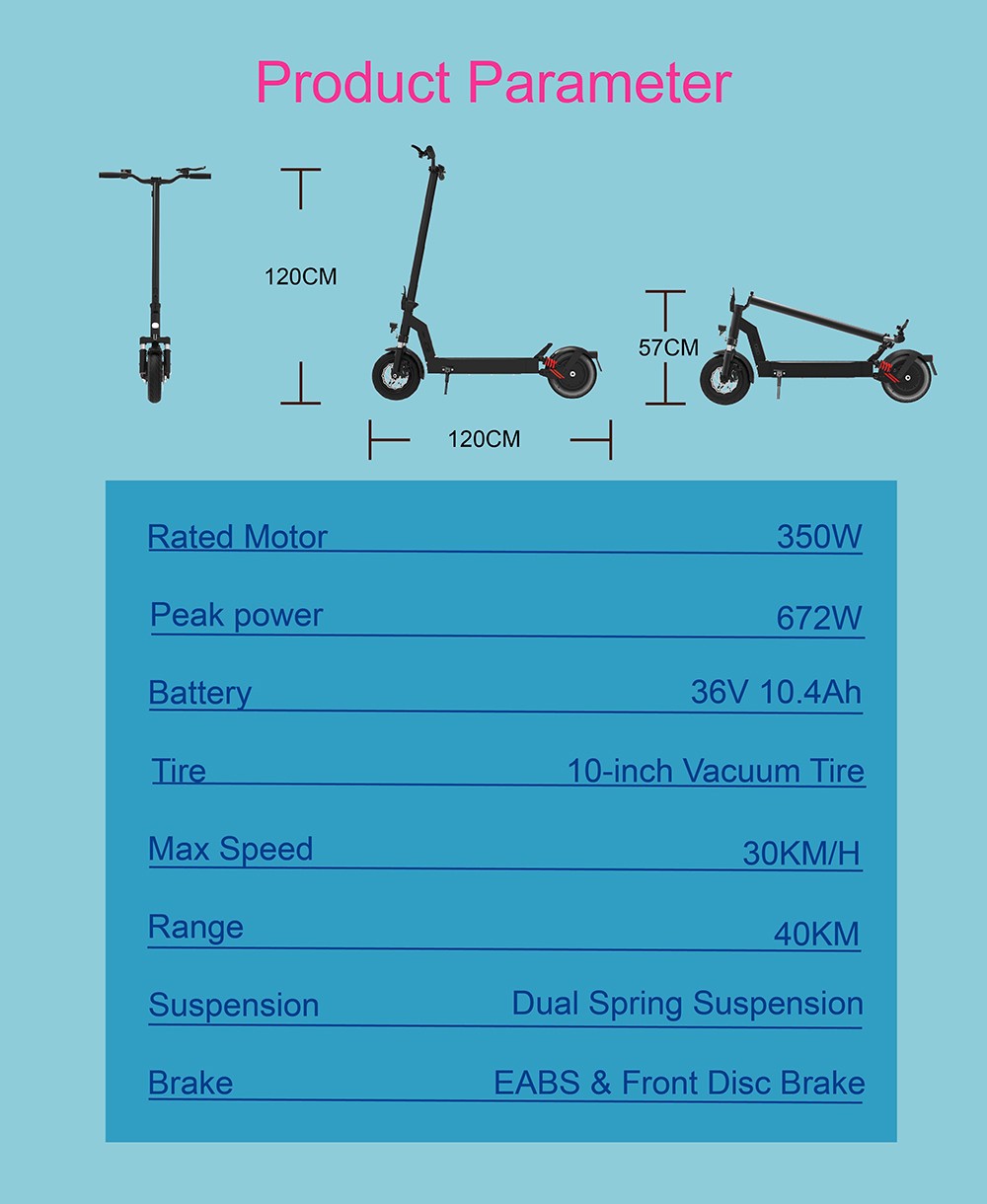 DT08 Electric Scooter, 350W Motor, 36V 10.4AH batéria, 10-palcová pneumatika, max. rýchlosť 30 km/h, dojazd 40 km, kotúčová brzda, predná & zadná pružinová tlmiaca 