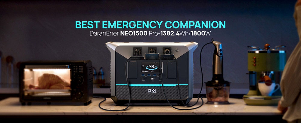 DaranEner NEO1500Pro Tragbares Kraftwerk, Solargenerator mit 1382 Wh LiFePO4-Akku, 1800 W AC-Ausgang, 14 Anschl&uuml;sse