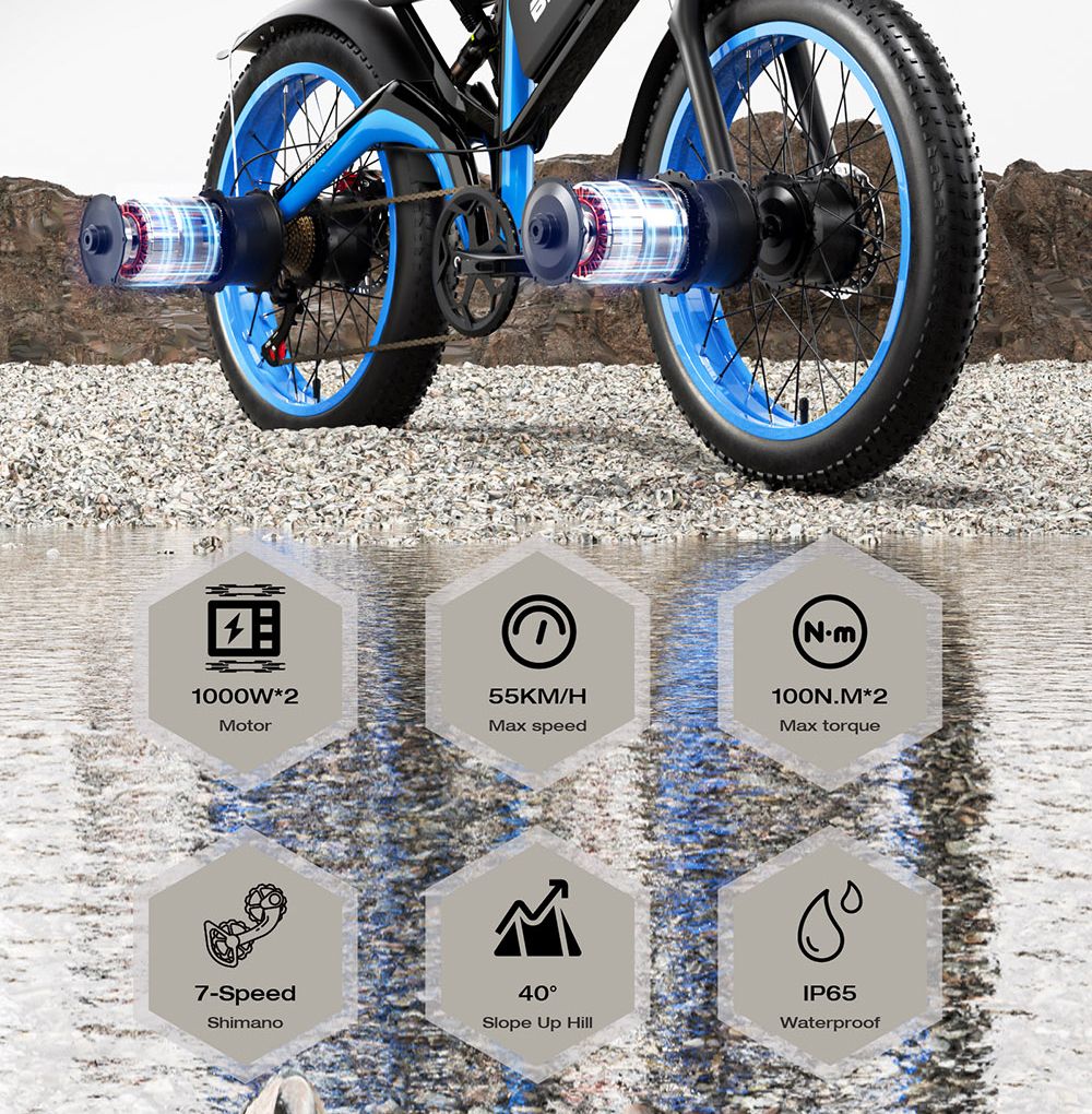 E·Bycco EB9 Electric Bike, 2*1000W Motor, 52V 23AH Battery, 26*4.0 palcové tučné pneumatiky, max. rýchlosť 55 km/h, max. dojazd 130 km, hydraulické kotúčové brzdy, plné odpruženie, 7-rýchlostný prevod Shimano, LCD displej