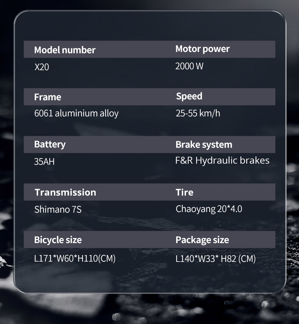 Elektrobicykel EKXBIKE X20, 2000W motor, 48V 35AH batéria, 20*4,0-palcové tukové pneumatiky, max. rýchlosť 55 km/h, dojazd 150 km, hydraulické brzdy, hydraulický tlmič, 7-stupňová prevodovka Shimano