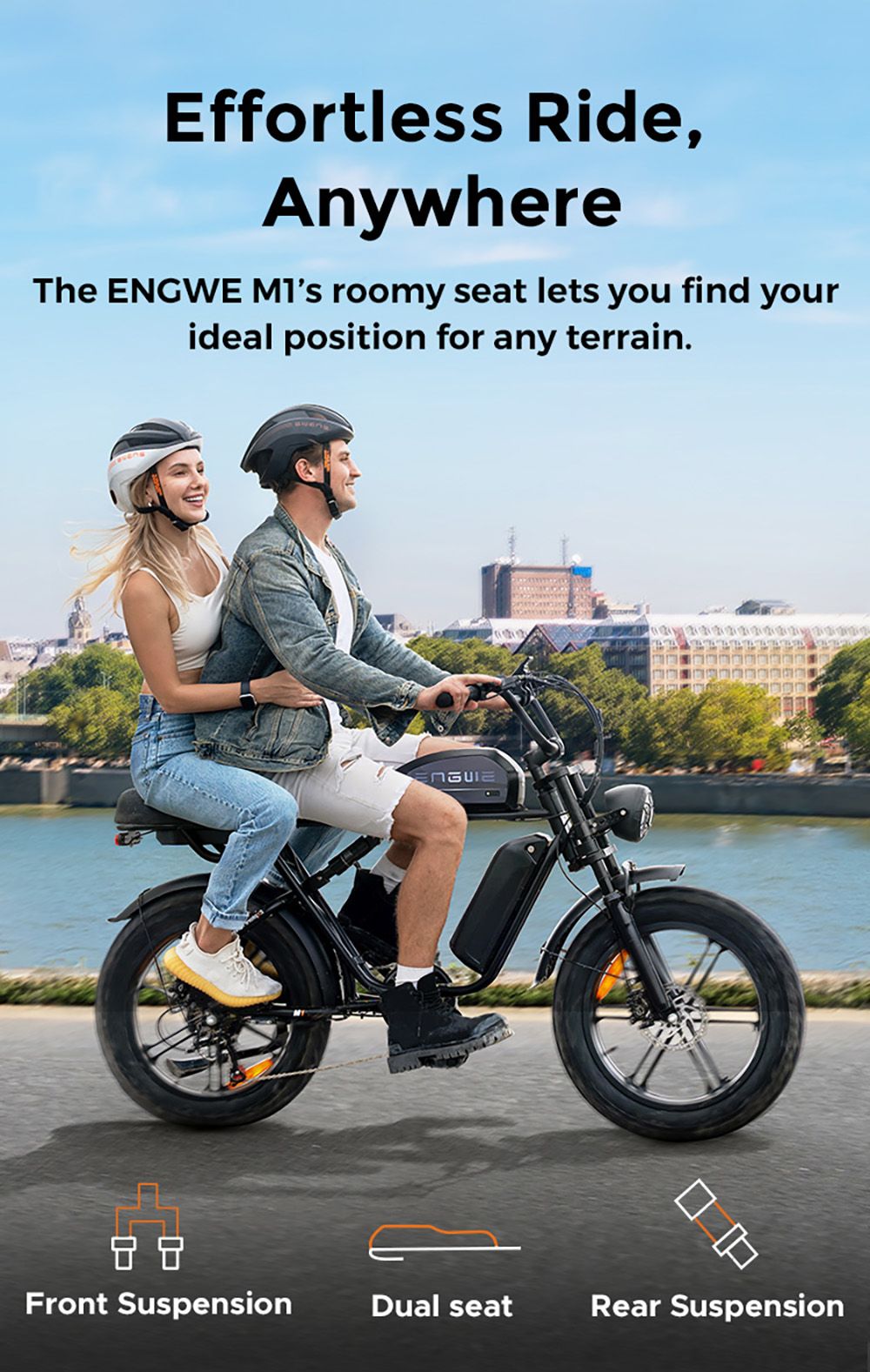 ENGWE M1 Electric Bike, 250W motor, 48V 15,6Ah+13Ah batéria, 20*4.0 palcová tučná pneumatika, max. rýchlosť 25 km/h, dojazd 170 km, hydraulické kotúčové brzdy, dvojité odpruženie, 7-rýchlostný prevod Shimano, LCD displej - čierny