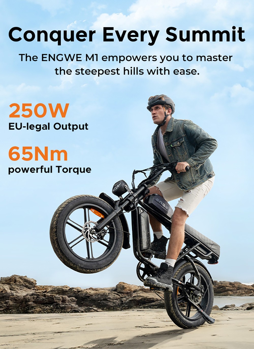 ENGWE M1 Electric Bike, 250W Motor, 48V 15.6Ah Battery, 20*4.0 palcová tučná pneumatika, max. rýchlosť 25 km/h, dojazd 90 km, hydraulické kotúčové brzdy, dvojité odpruženie, Shimano 7 rýchlostí, LCD displej - žltý