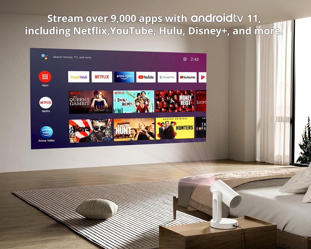 ETOE Starfish Projektor, Android TV 11.0, 140° rotácia, 250 ANSI, 4K dekódovanie, automatická korekcia lichobežníkového skreslenia, vstavaný Chromecast, 5W reproduktor