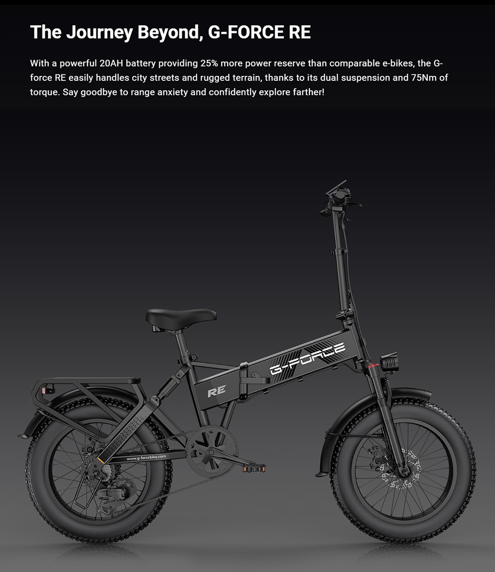 G-FORCE RE Elektrofahrrad, 250-W-Motor, 48-V-15,6-Ah-Akku, 20 x 4 Zoll gro&szlig;e Fat-Reifen, 25 km/h H&ouml;chstgeschwindigkeit, 80 km Reichweite, hydraulische Scheibenbremsen, Doppelfederung, LCD-Display &ndash; Schwarz