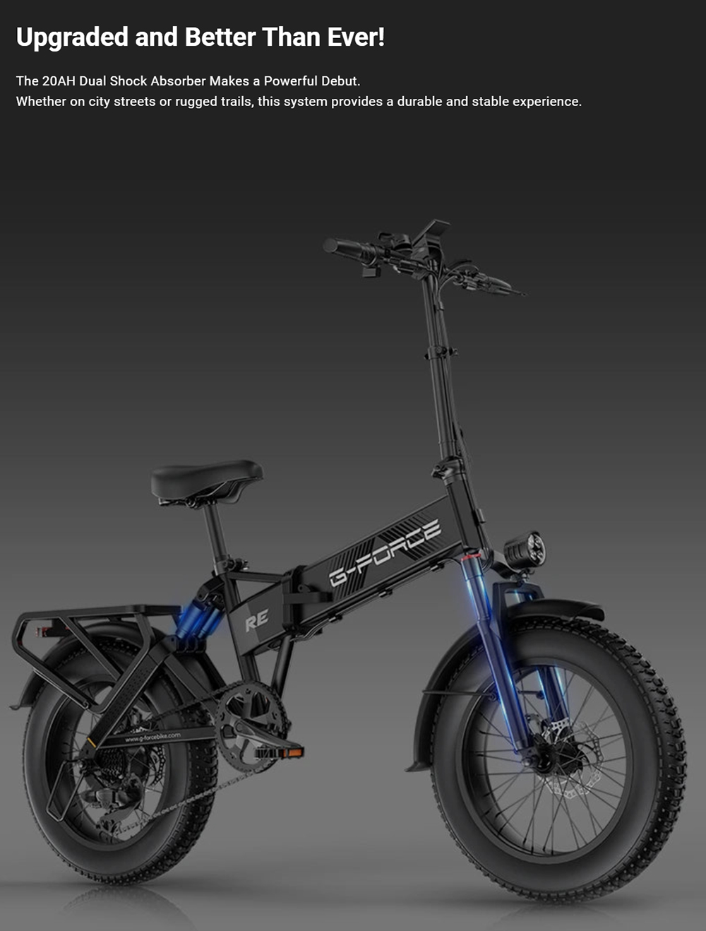 G-FORCE RE Elektrofahrrad, 250-W-Motor, 48-V-15,6-Ah-Akku, 20 x 4 Zoll gro&szlig;e Fat-Reifen, 25 km/h H&ouml;chstgeschwindigkeit, 80 km Reichweite, hydraulische Scheibenbremsen, Doppelfederung, LCD-Display &ndash; Schwarz