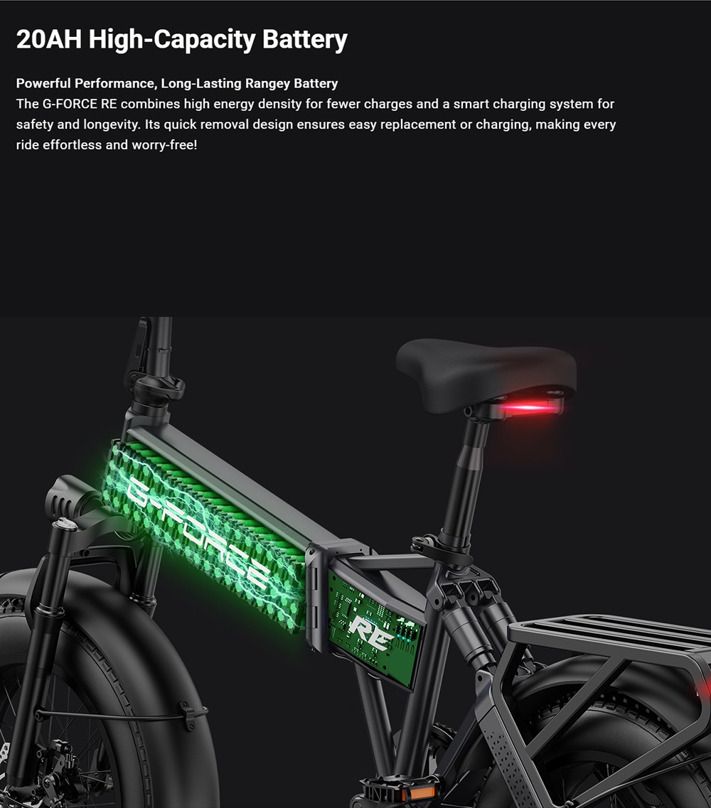 G-FORCE RE Elektrofahrrad, 250-W-Motor, 48-V-15,6-Ah-Akku, 20 x 4 Zoll gro&szlig;e Fat-Reifen, 25 km/h H&ouml;chstgeschwindigkeit, 80 km Reichweite, hydraulische Scheibenbremsen, Doppelfederung, LCD-Display &ndash; Schwarz