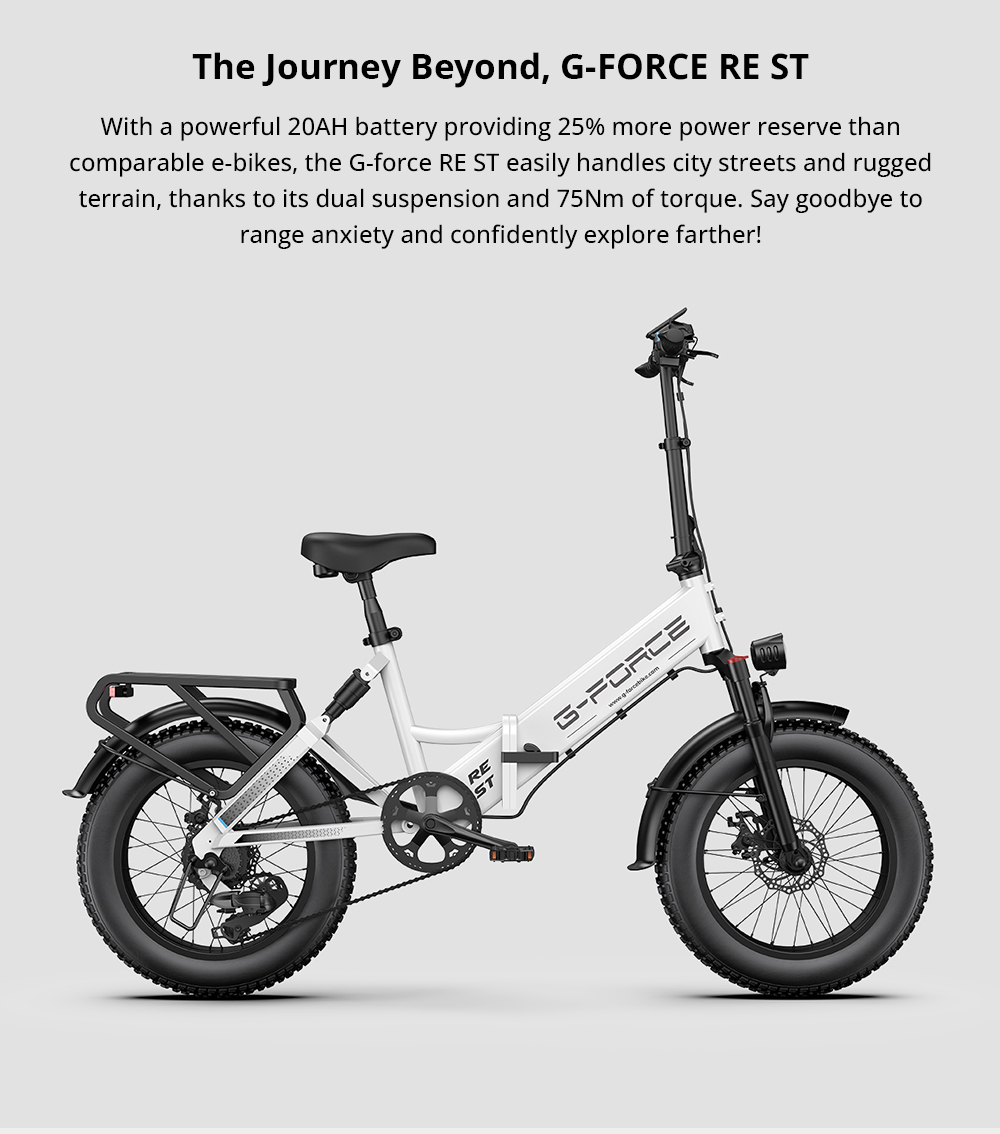 G-FORCE RE ST Elektrofahrrad, 250-W-Motor, 48-V-15,6-Ah-Akku, 20 x 4 Zoll gro&szlig;e Fatbike-Reifen, 25 km/h H&ouml;chstgeschwindigkeit, 80 km Reichweite, hydraulische Scheibenbremsen, Doppelfederung, LCD-Display &ndash; Wei&szlig;