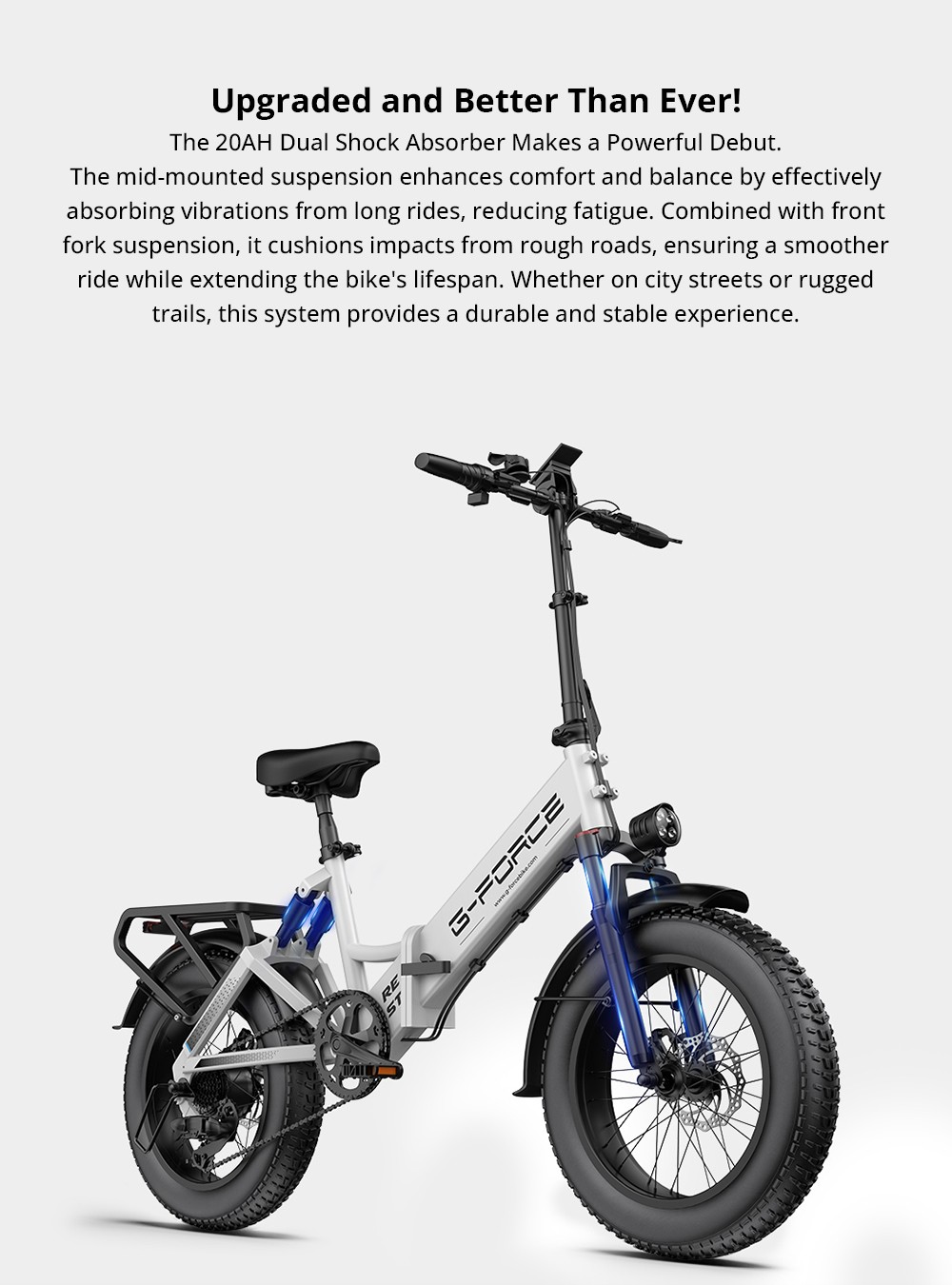 G-FORCE RE ST Elektrofahrrad, 250-W-Motor, 48-V-15,6-Ah-Akku, 20 x 4 Zoll gro&szlig;e Fat-Reifen, 25 km/h H&ouml;chstgeschwindigkeit, 80 km Reichweite, hydraulische Scheibenbremsen, Doppelfederung, LCD-Display &ndash; Wei&szlig;