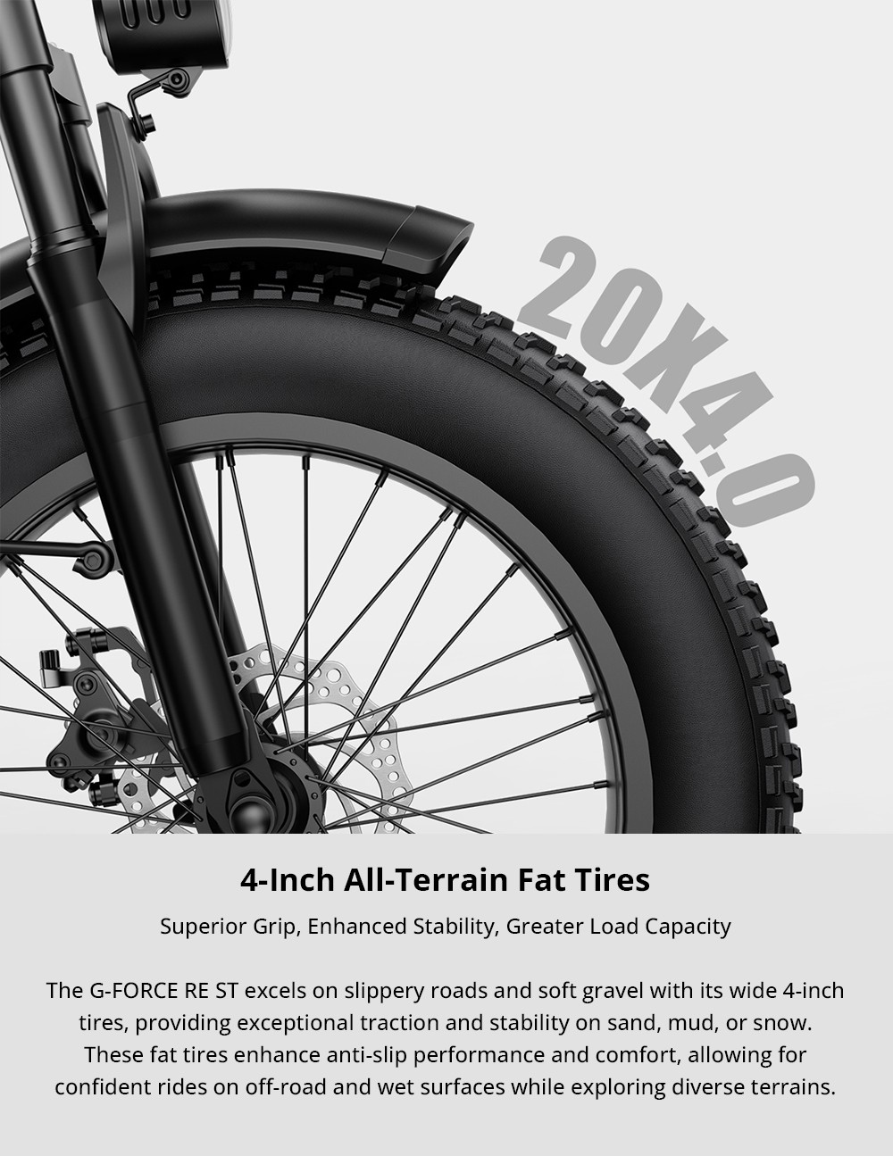 G-FORCE RE ST Elektrofahrrad, 250-W-Motor, 48-V-15,6-Ah-Akku, 20 x 4 Zoll gro&szlig;e Fatbike-Reifen, 25 km/h H&ouml;chstgeschwindigkeit, 80 km Reichweite, hydraulische Scheibenbremsen, Doppelfederung, LCD-Display &ndash; Wei&szlig;