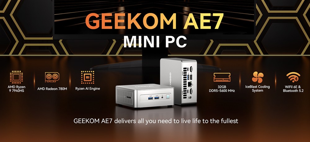 GEEKOM AE7 AI Mini PC, AMD Ryzen 9 7940HS 8 jadier max. 5,2 GHz, 32 GB DDR5 5600 MHz RAM 1 TB SSD, USB3.2 Type-C+USB4.0+2*HDMI2.0 displej so štyrmi obrazovkami, WiFi 6E Bluetooth 5.2, 3*USB3.2 Type-A, 1*USB2.0, 1*2.5G RJ45, 1*Čítačka kariet SD, 1*Slúchadlový konektor