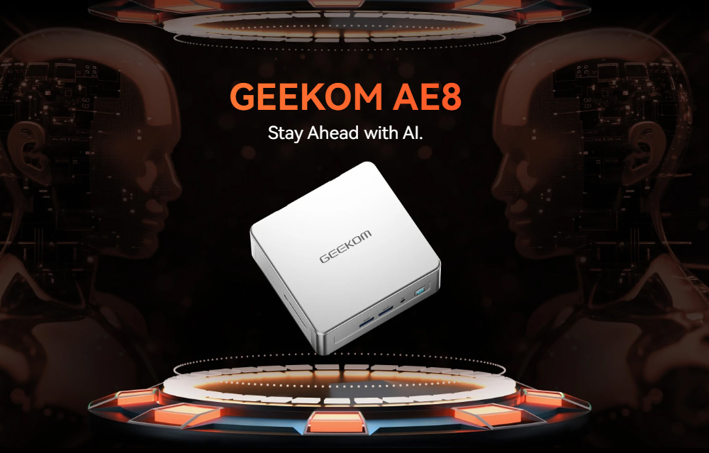 GEEKOM AE8 AI Mini PC, AMD Ryzen 7 8845HS 8 jadier max. 5,1 GHz, 32 GB DDR5 5600 MHz RAM 512 GB SSD, USB 3.2 Type-C (4K)+USB 4.0 (8K)+2*HDMI 2.0 (4K) Quad Display, WiFi 6E Bluetooth 5.2, 3*USB 3.2, 1*USB 2.0, 1*2.5G LAN, 1*Čítačka kariet SD, 1*Slúchadlový konektor