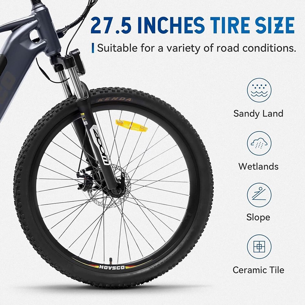HAVSCO-27.5 Elektrofahrrad, 250-W-Motor, 36-V-12,5-Ah-Akku, 27,5 x 2,1-Zoll-Reifen, 25 km/h H&ouml;chstgeschwindigkeit, 96 km Reichweite, Drehmomentsensoren, Scheibenbremse, gefederte Vordergabel, Shimano 7-Gang-Schaltung, LCD-Display
