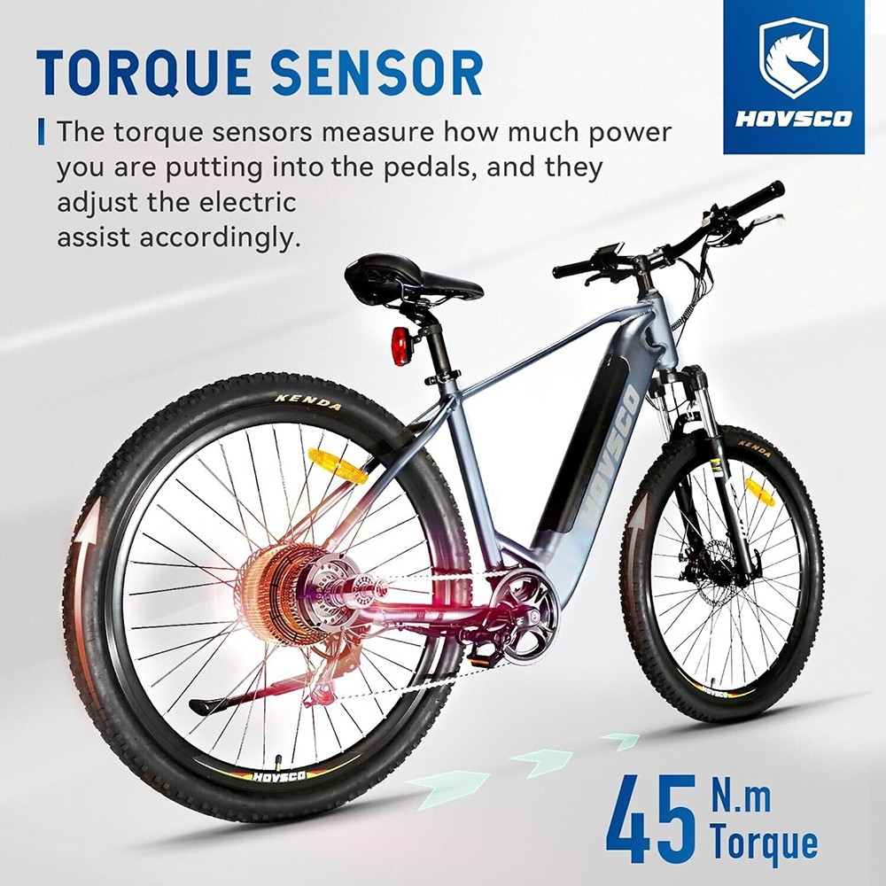 HAVSCO-27.5 Elektrofahrrad, 250-W-Motor, 36-V-12,5-Ah-Akku, 27,5 x 2,1-Zoll-Reifen, 25 km/h H&ouml;chstgeschwindigkeit, 96 km Reichweite, Drehmomentsensoren, Scheibenbremse, gefederte Vordergabel, Shimano 7-Gang-Schaltung, LCD-Display