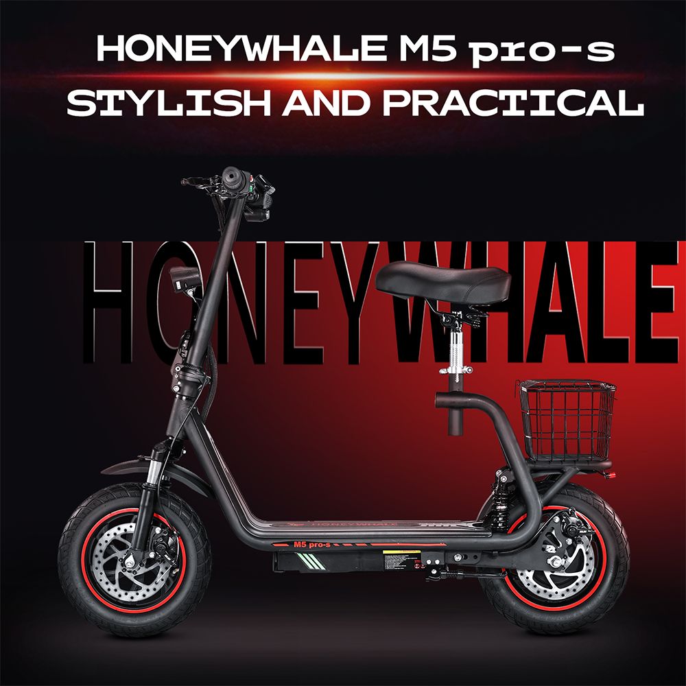 Honeywhale M5 Pro-S Elektrická kolobežka so sedadlom, 500W motor, 12-palcová pneumatická pneumatika, 48V 13Ah batéria, max. rýchlosť 48 km/h, max. dojazd 35 km, kotúčová brzda - čierna