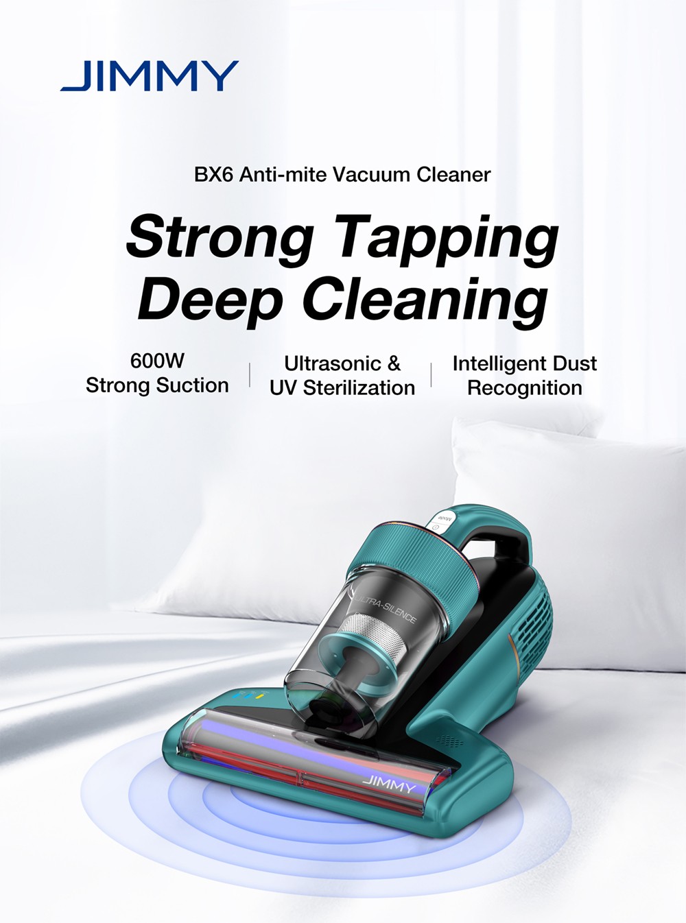 Jimmy BX6 Handheld Anti-Mite Vacuum Cleaner, 600W, 240mm Widened Suction Port, UV Lamp and Ultrasonic Technology - Blue