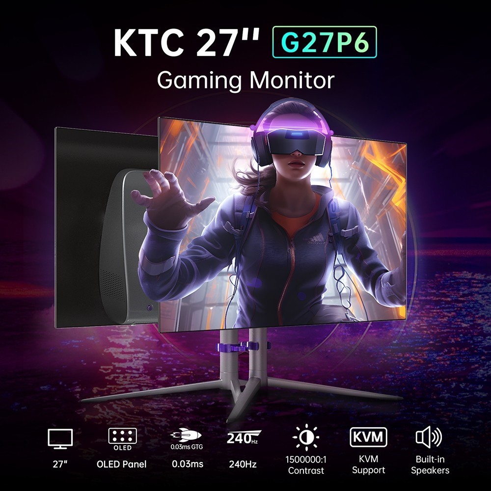 Refurbished KTC G27P6 27-inch LG OLED Gaming Monitor, 2560x1440 16:9 240Hz Refresh Rate, 1500000:1 Constrast Ratio, 136% sRGB HDR10 0.03ms GTG Response Time, Low Blue FreeSync&G-Sync, Built-in Speakers KVM 65W Reverse Charge VESA