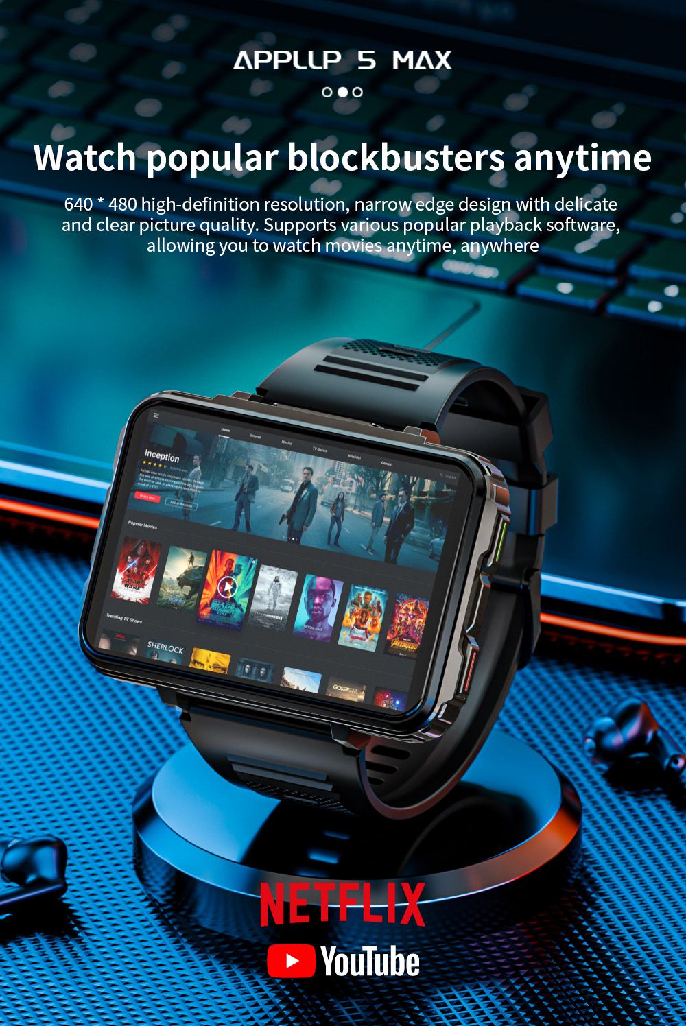 LOKMAT APPLLP 5 MAX Smartwatch, 2.4-inch HD Screen, Android 10.7, 1500mAh Battery, 4G/5G Calling, Dual Cameras, 4GB+64GB, Heart Rate Blood Oxygen Monitoring