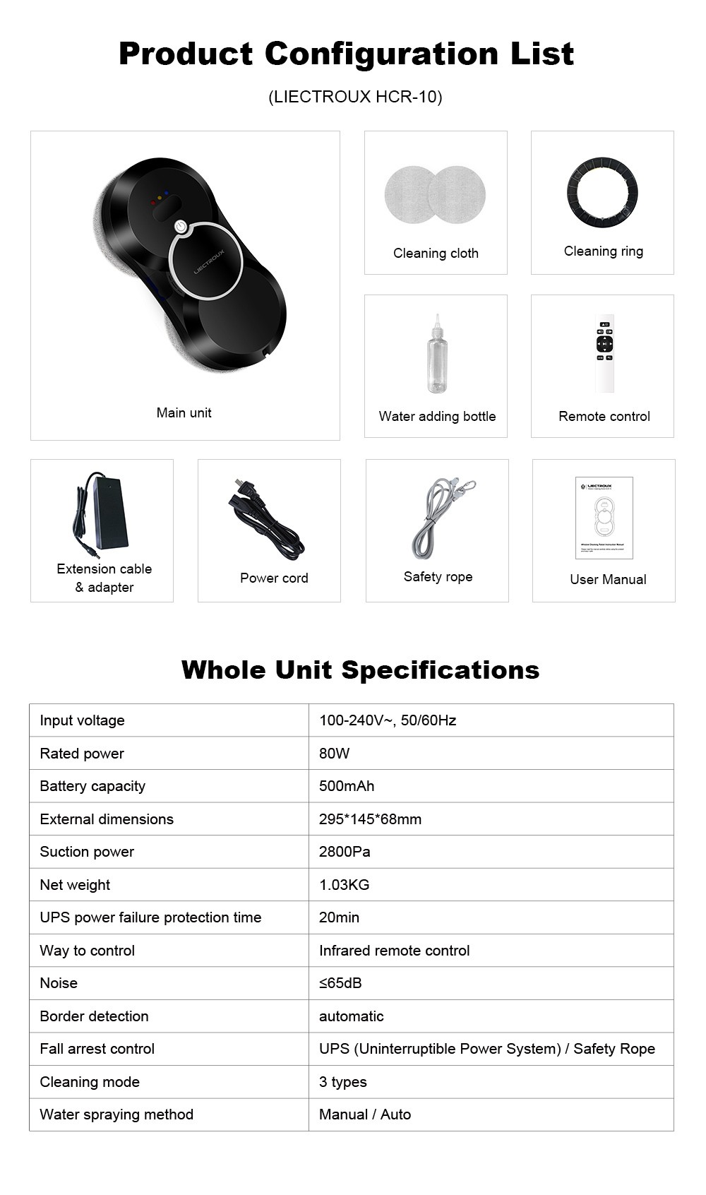 Refurbished Liectroux HCR-10 Robot Window Cleaner, 30ml Water Tank, Ultrasonic Water Spraying, 2800Pa Suction, 6.8cm Ultra-thin Body