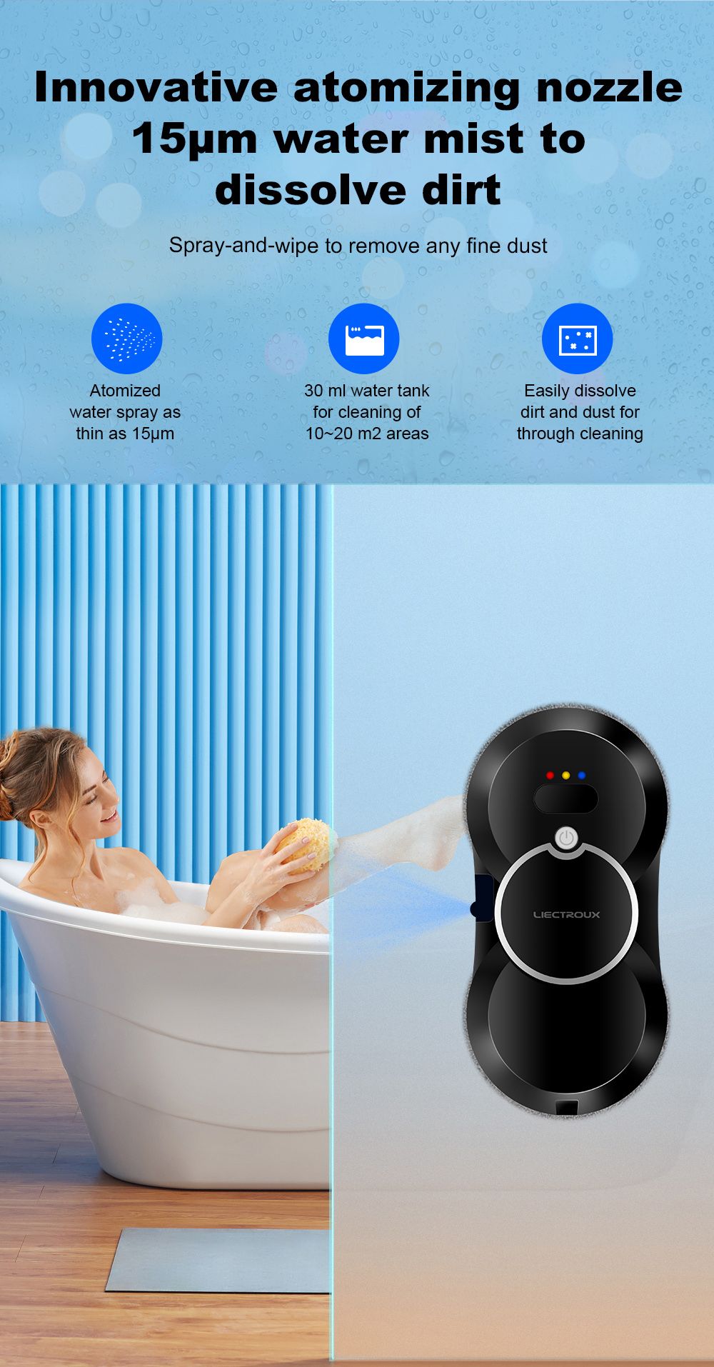 Refurbished Liectroux HCR-10 Robot Window Cleaner, 30ml Water Tank, Ultrasonic Water Spraying, 2800Pa Suction, 6.8cm Ultra-thin Body