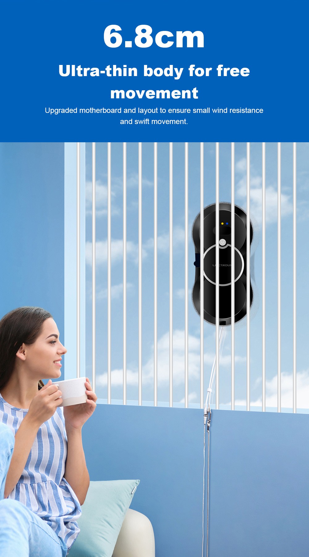 Refurbished Liectroux HCR-10 Robot Window Cleaner, 30ml Water Tank, Ultrasonic Water Spraying, 2800Pa Suction, 6.8cm Ultra-thin Body