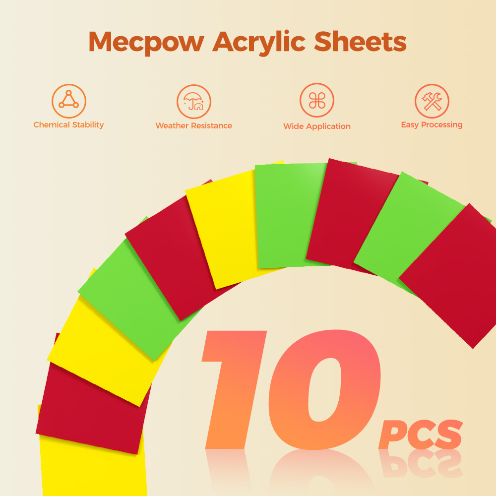 Mecpow AS02 8*8*1/8'' 10 St&uuml;ck Lasermodul Acrylplatten (200*200*3mm) - Rot*4 + Gr&uuml;n*3 + Gelb*3