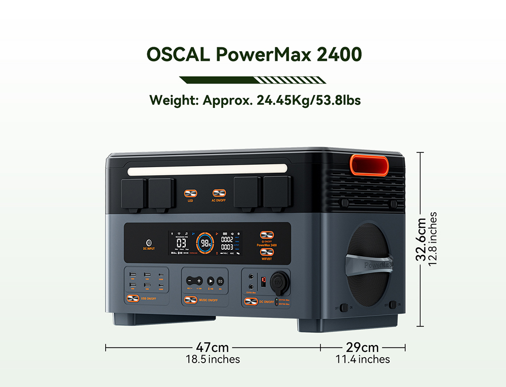 Prenosná napájacia stanica Oscal PowerMax2400 2400W 1872kWh, duálny reproduktor, rýchle nabíjanie 1,2 h, ovládanie aplikáciou, LED svetlo, 16 výstupov, UPS<0.01s