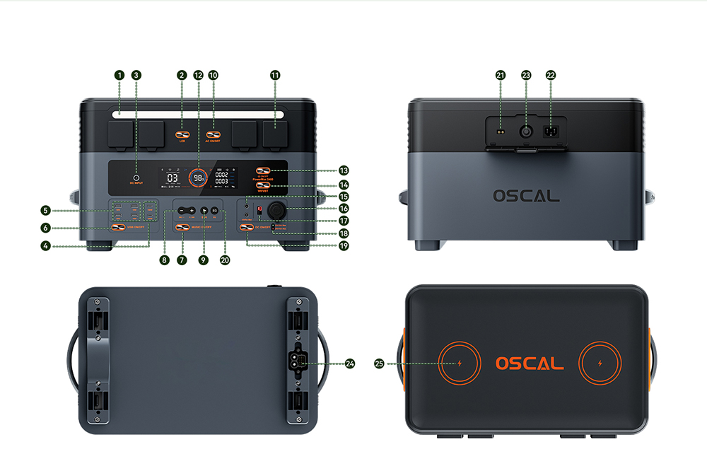 Oscal PowerMax2400 2400W 1872kWh Prenosná napájacia stanica, duálny reproduktor, 1,2 h rýchle nabíjanie, ovládanie aplikácií, LED svetlo, 16 výstupov, UPS<0.01s