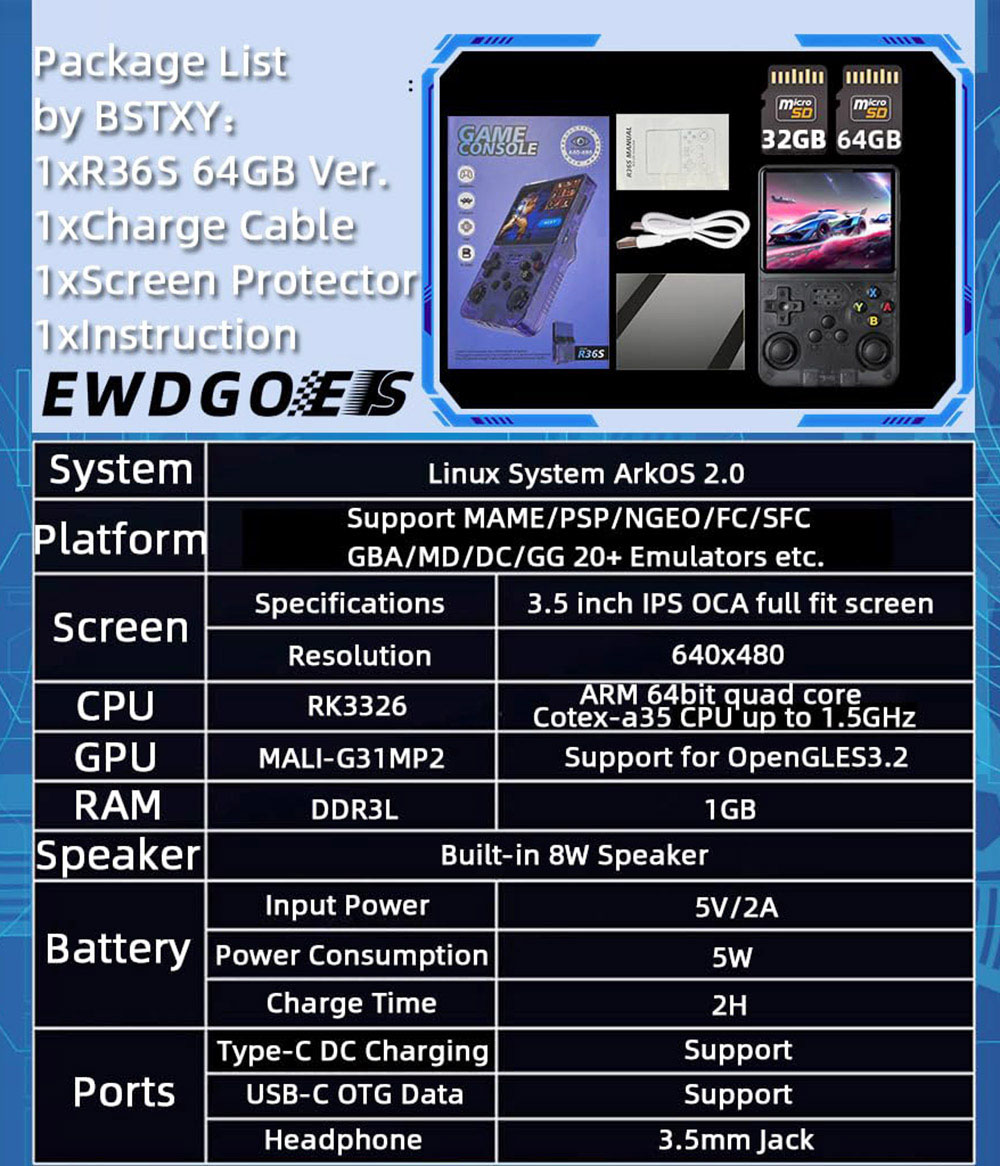 R36S Retro Game Console, 128GB TF Card with 20000 Games, 32GB ArkOS 2.0 Based on Linux, 20 Emulators, 3.5-inch IPS Screen, 1GB DDR3L, 8W Speaker, 3-5H Battery Life - Red