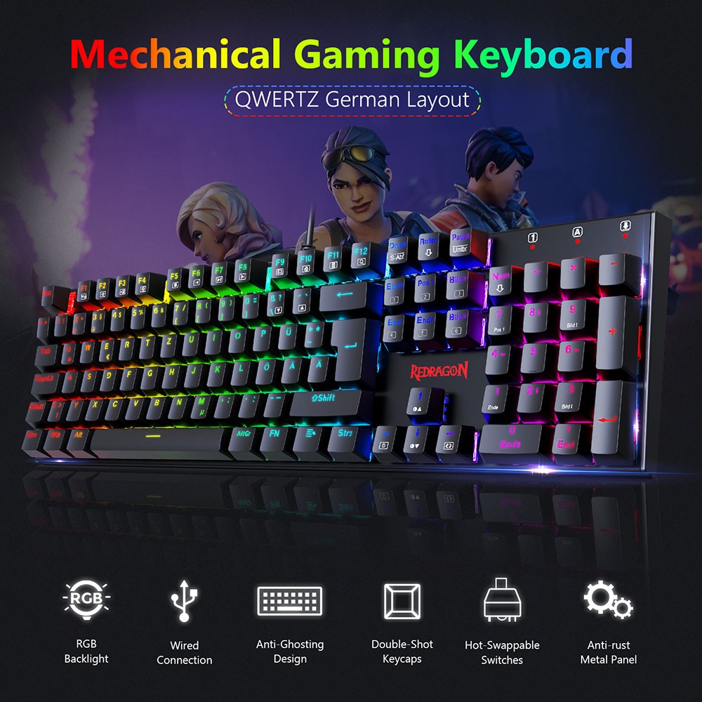 Refurbished Redragon 105-Key K565-RGB Mechanical Keyboard RGB Backlight German Layout Aluminum Base Red Switch - Black