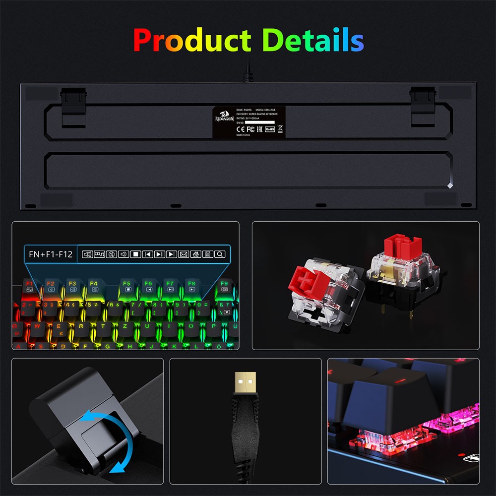 Refurbished Redragon 105-Key K565-RGB Mechanical Keyboard RGB Backlight German Layout Aluminum Base Red Switch - Black
