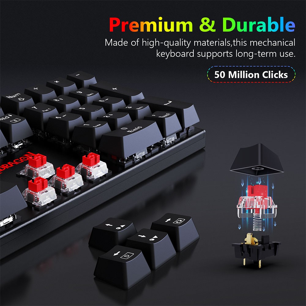 Refurbished Redragon 105-Key K565-RGB Mechanical Keyboard RGB Backlight German Layout Aluminum Base Red Switch - Black