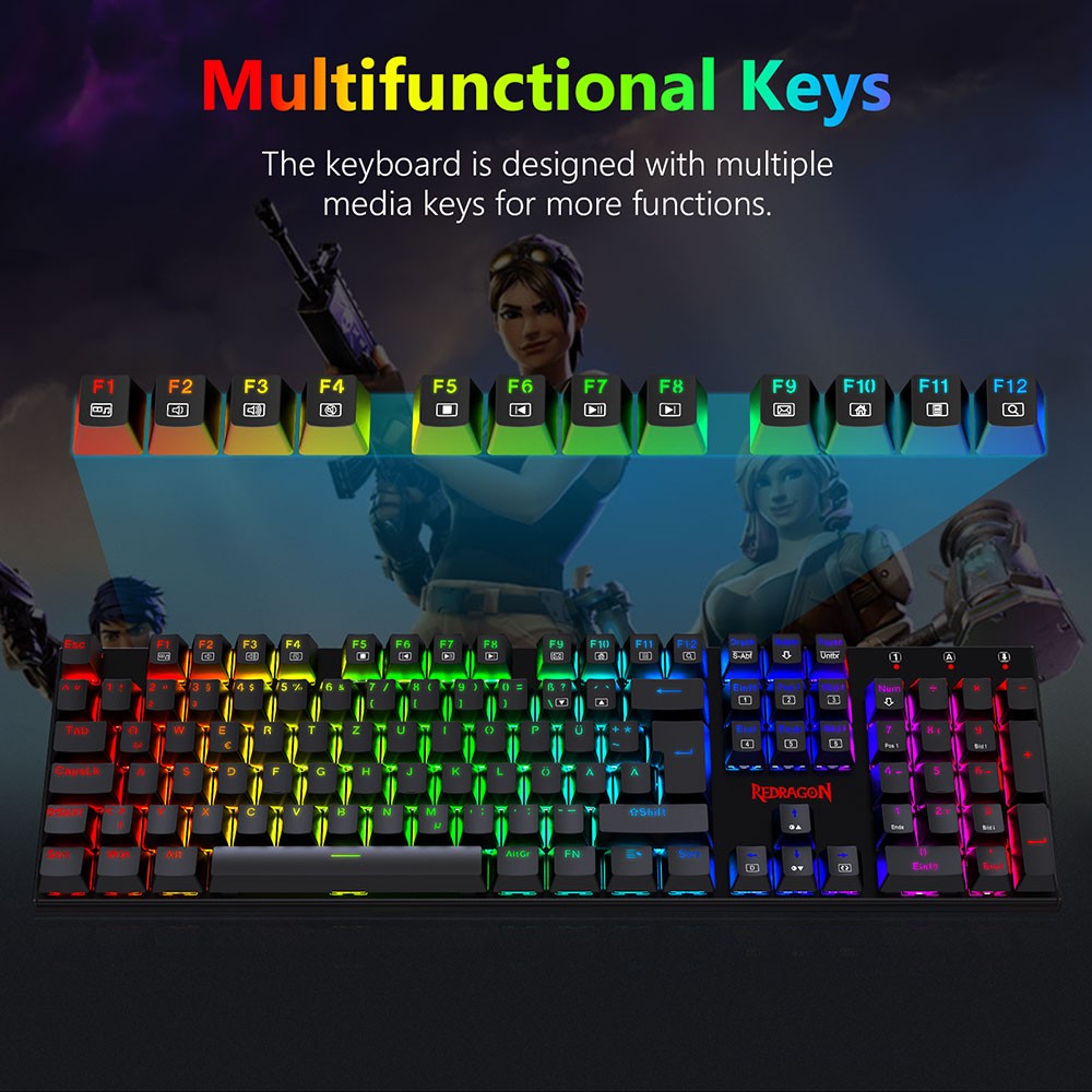 Refurbished Redragon 105-Key K565-RGB Mechanical Keyboard RGB Backlight German Layout Aluminum Base Red Switch - Black