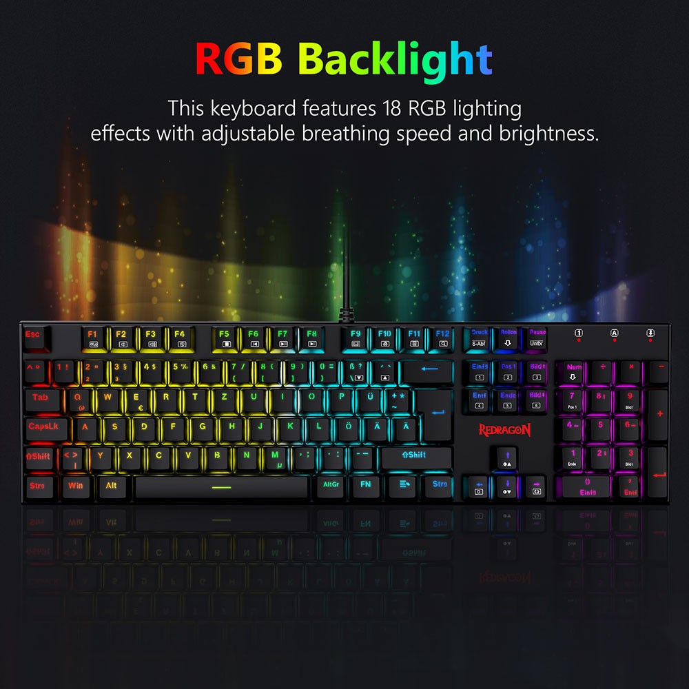 Refurbished Redragon 105-Key K565-RGB Mechanical Keyboard RGB Backlight German Layout Aluminum Base Red Switch - Black