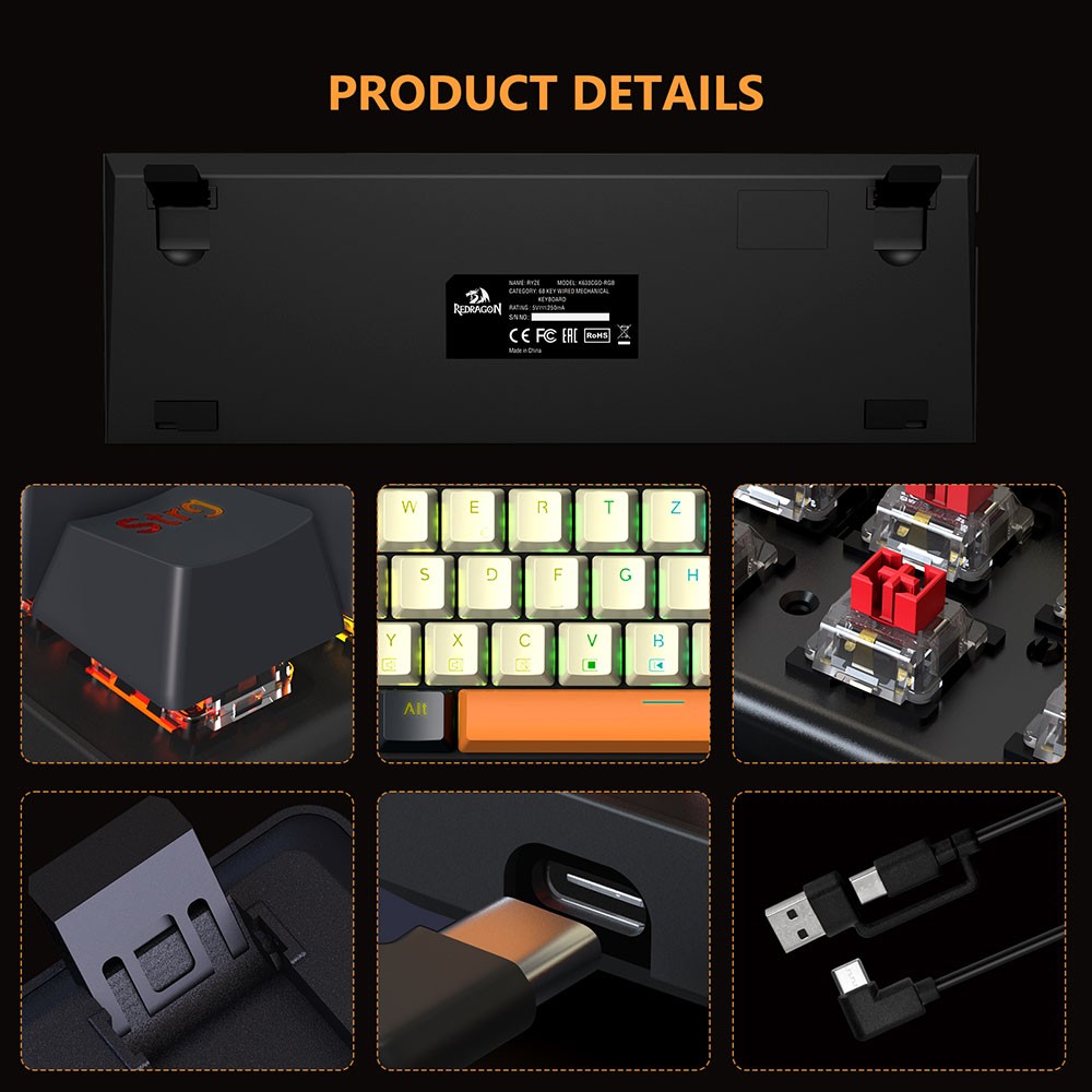 Refurbished Redragon QWERTZ German Layout K633CGO-RGB Ryze 68-Key Mechanical Gaming Keyboard