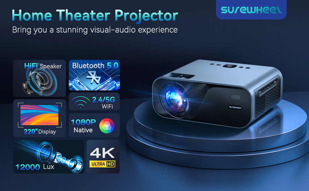 SUREWHEEL E60 Mini projektor, natívne 1080P, podpora 4K, 220palcový displej, 5G WiFi &; Bluetooth 5.0, 16000 lúmenov, zoom, HiFi reproduktor, HDMI/USB/AV