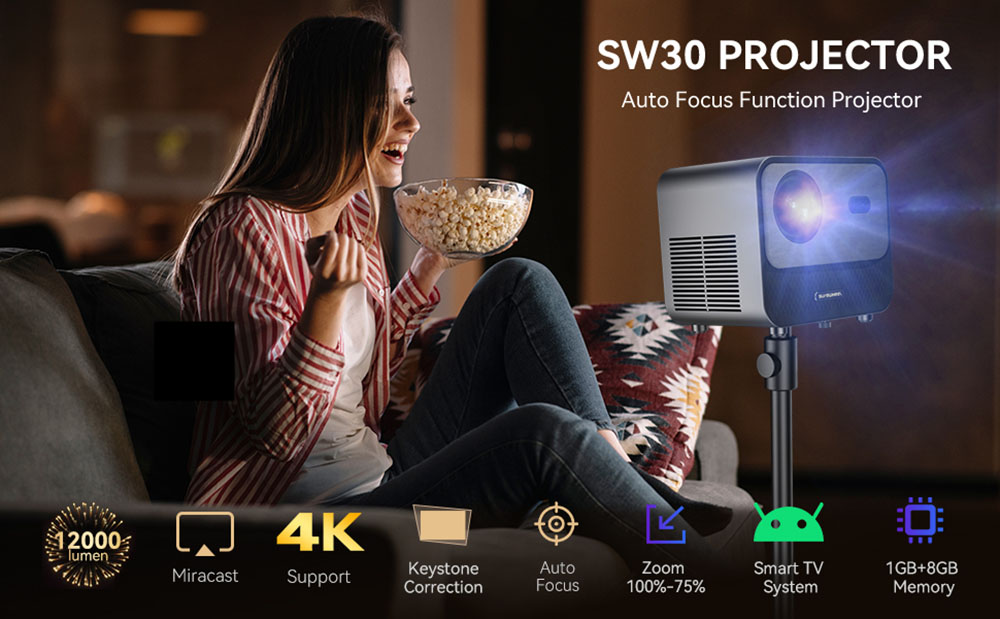 Projektor SUREWHEEL SW30, automatické zaostrovanie, natívne rozlíšenie 1080P, podpora 4K, 220-palcový displej, 5G WiFi a Bluetooth 5.0, 12000 lúmenov, systém Smart TV, korekcia lichobežníkového skreslenia, zoom