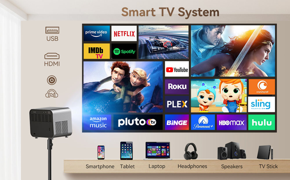 Projektor SUREWHEEL SW30, automatické zaostrovanie, natívne 1080P, podpora 4K, 220-palcový displej, 5G WiFi a Bluetooth 5.0, 12000 lúmenov, systém Smart TV, korekcia lichobežníkového skreslenia, zoom