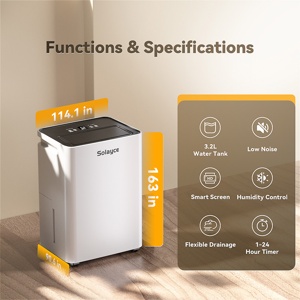 Solayce PD16R-02EE Dehumidifier, 3.2L Watertank, Low Noise, Smart Screen, Adjustable Air Speed, 16L/DAY Dehumidification Volumn