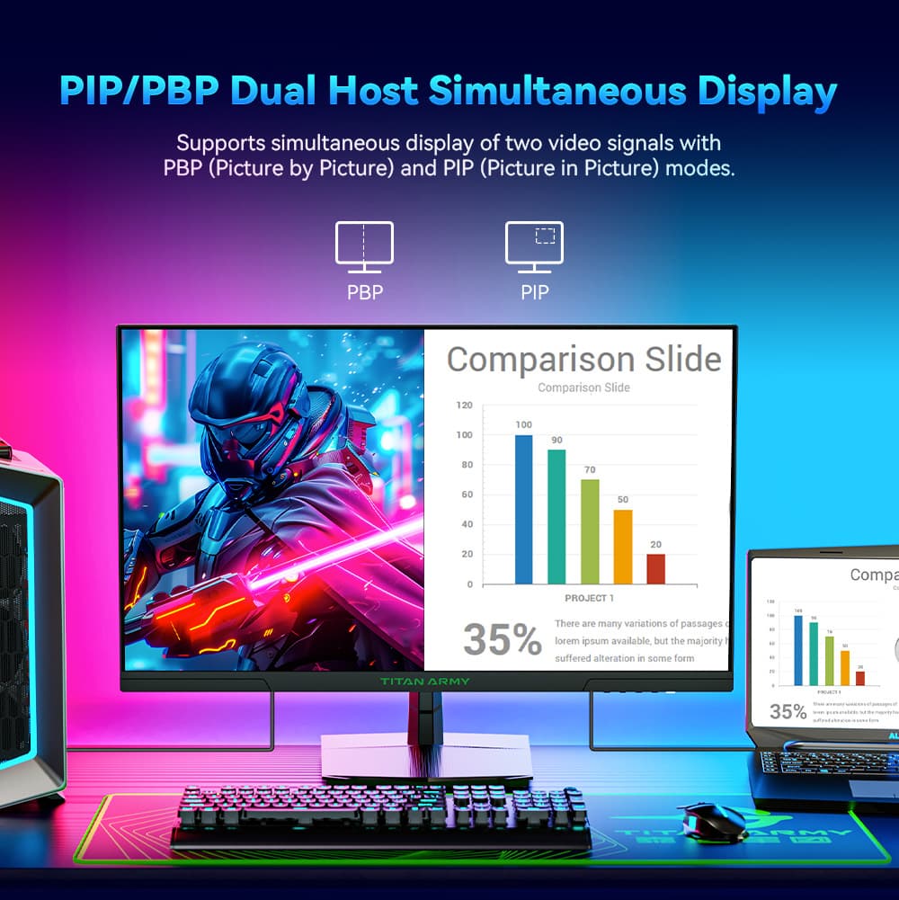TITAN ARMY P27GR Gaming Monitor, 27-inch 2560*1440 16:9 Fast IPS Screen, 180Hz Refresh Rate, 1ms GTG, 99% sRGB, HDR10, Adaptive-Sync, Gaming Mode, Dynamic OD, PBP & PIP Display, Low Blue Light, Adjustable Tilt, VESA Wall Mounting