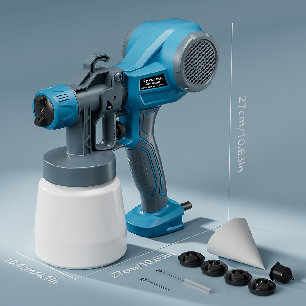 Tilswall Alien 500W Paint Sprayer with 3 Spray Patterns & 3 Nozzles Sizes, Max 550ml/min Spray Speed, Blue