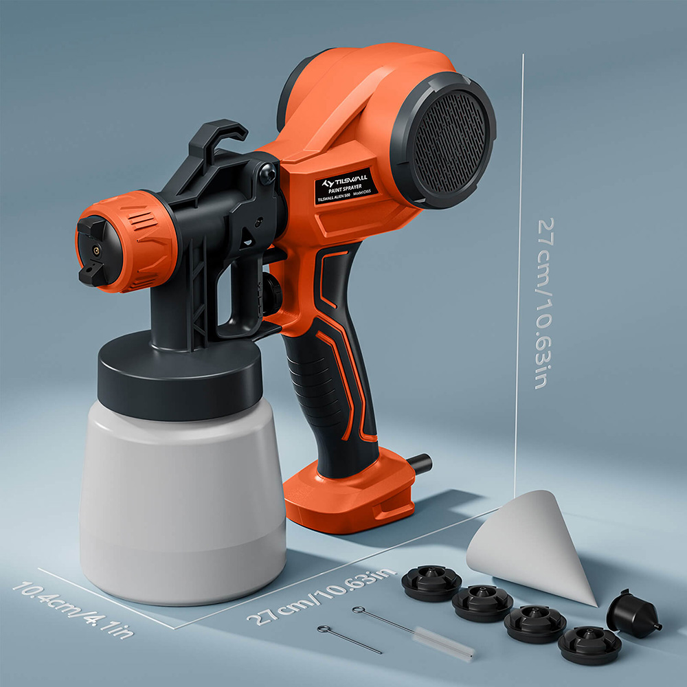 Tilswall Alien 500W Paint Sprayer with 3 Spray Patterns & 3 Nozzles Sizes, Max 550ml/min Spray Speed, Orange