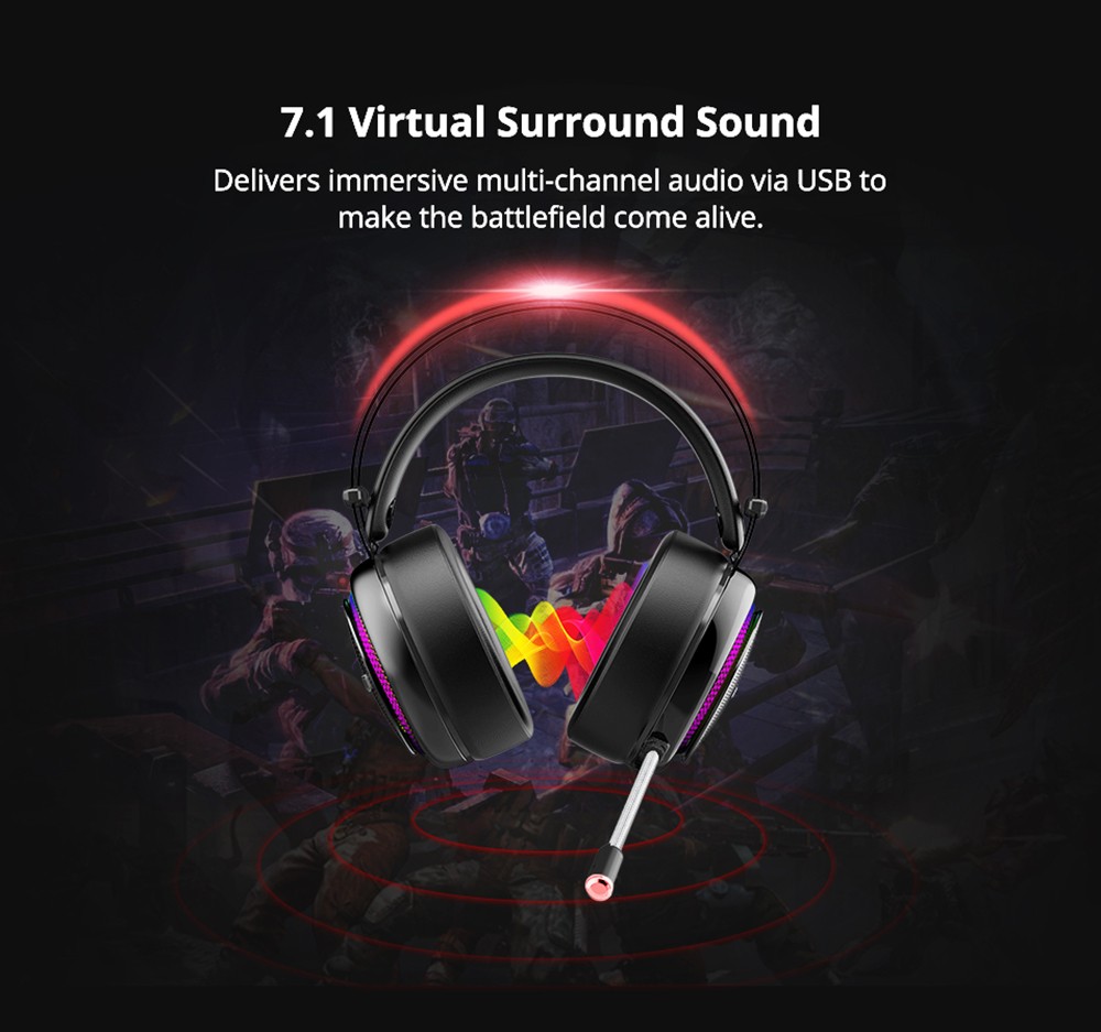 Refurbished Tronsmart Glary Gaming Headset 7.1 Virtual Surround Sound Stereo Sound with Colorful LED Lighting USB Interface Mic for PC Laptop