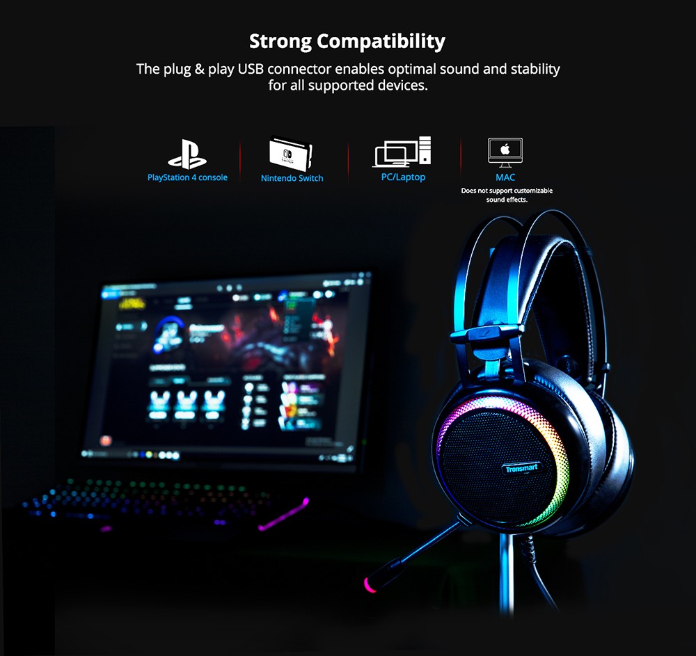 Refurbished Tronsmart Glary Gaming Headset 7.1 Virtual Surround Sound Stereo Sound with Colorful LED Lighting USB Interface Mic for PC Laptop