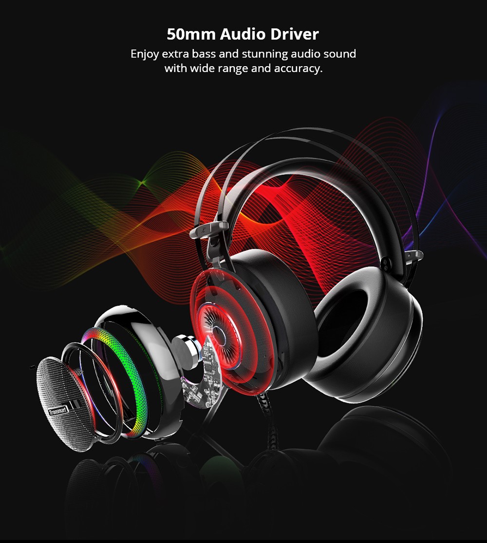 Refurbished Tronsmart Glary Gaming Headset 7.1 Virtual Surround Sound Stereo Sound with Colorful LED Lighting USB Interface Mic for PC Laptop
