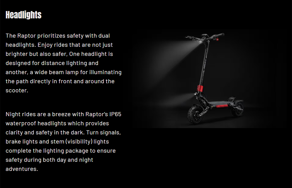 YUME Raptor Electric Scooter, 3000W*2 motor, 60V 27Ah batéria, 11-palcové terénne pneumatiky, max. rýchlosť 80 km/h, dojazd 90 km, hydraulické brzdy + elektrické brzdy, predné a zadné hydraulické tlmiče, LCD displej