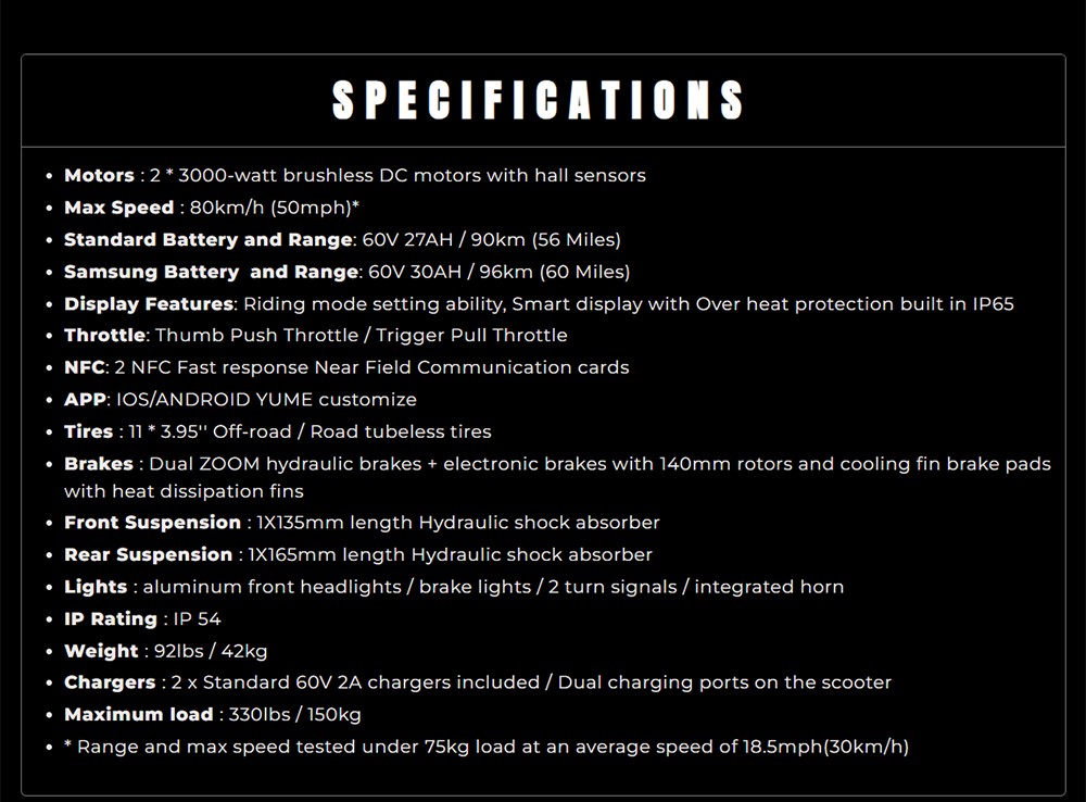 YUME Raptor Electric Scooter, 3000W*2 motor, 60V 27Ah batéria, 11-palcové terénne pneumatiky, max. rýchlosť 80 km/h, dojazd 90 km, hydraulické brzdy + elektrické brzdy, predné a zadné hydraulické tlmiče, LCD displej