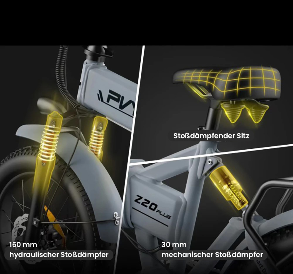 PVY Z20 Plus Faltbares E-Bike, 20 x 4,0 Zoll dicke Reifen, 1000-W-Motor, 50 km/h Geschwindigkeit, 16,5-Ah-Akku, 80&ndash;120 km Reichweite, 150 kg Tragkraft &ndash; Grau