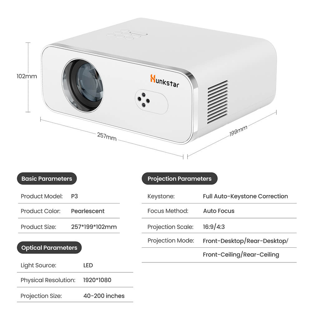 Hunkstar P3 AOSP Projektor, 1000 ANSI, Natív 1080P, 4K dekódolás, HDR10, Automatikus trapézkorrekció és autofókusz, Android 9.0 támogatás, WiFi 6, 2 x 5 W-os hangszóró