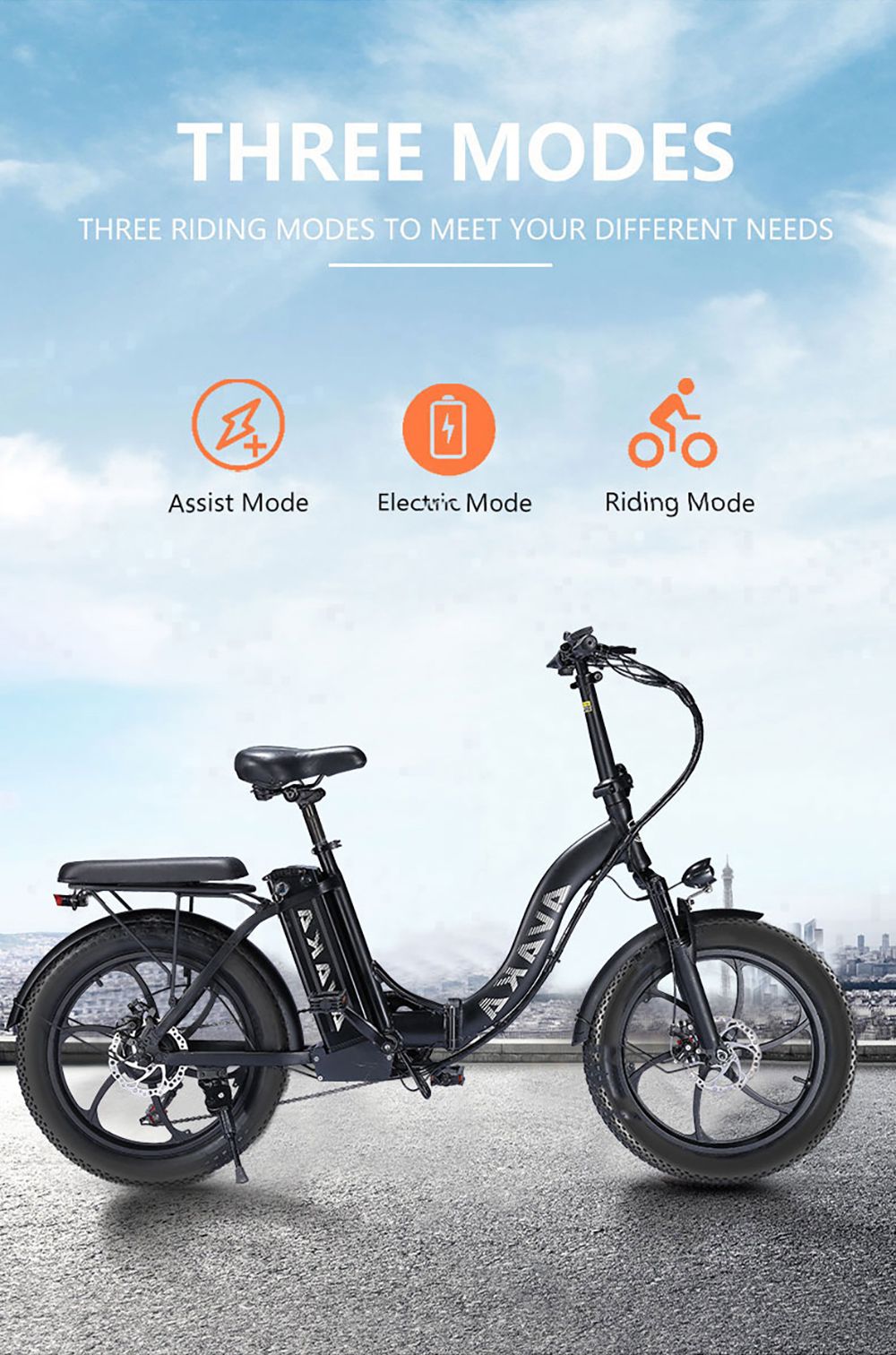 AVAKA BZ20 PLUS Elektrobicykel skladací 20*3,0 palcový s tučnými pneumatikami 500W bezkefový motor 25Km/h max. rýchlosť 48V 18.2Ah batéria 100Km dojazd 120KG max. zaťaženie Dvojkotúčová brzda Shimano 7-stupňová prevodovka IP54 Vodotesný LCD displej Jednodielne koleso - biele