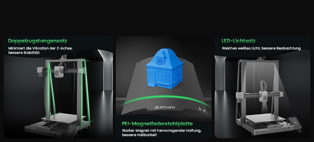 Artillery Sidewinder X4 Plus 3D-Drucker, 500 mm/s Druckgeschwindigkeit, 300 x 300 x 400 mm Bauvolumen, XY-Linearf&uuml;hrungsschiene aus Metall, automatische Nivellierung, effiziente K&uuml;hlventilatoren mit 8000 U/min